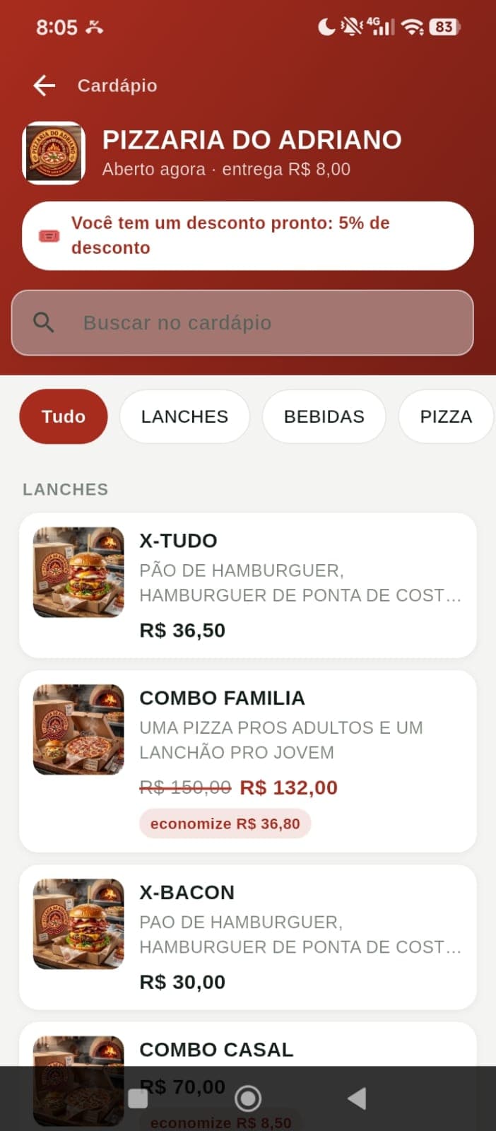 Cardápio aberto dentro do app, com categorias e um aviso de desconto disponível