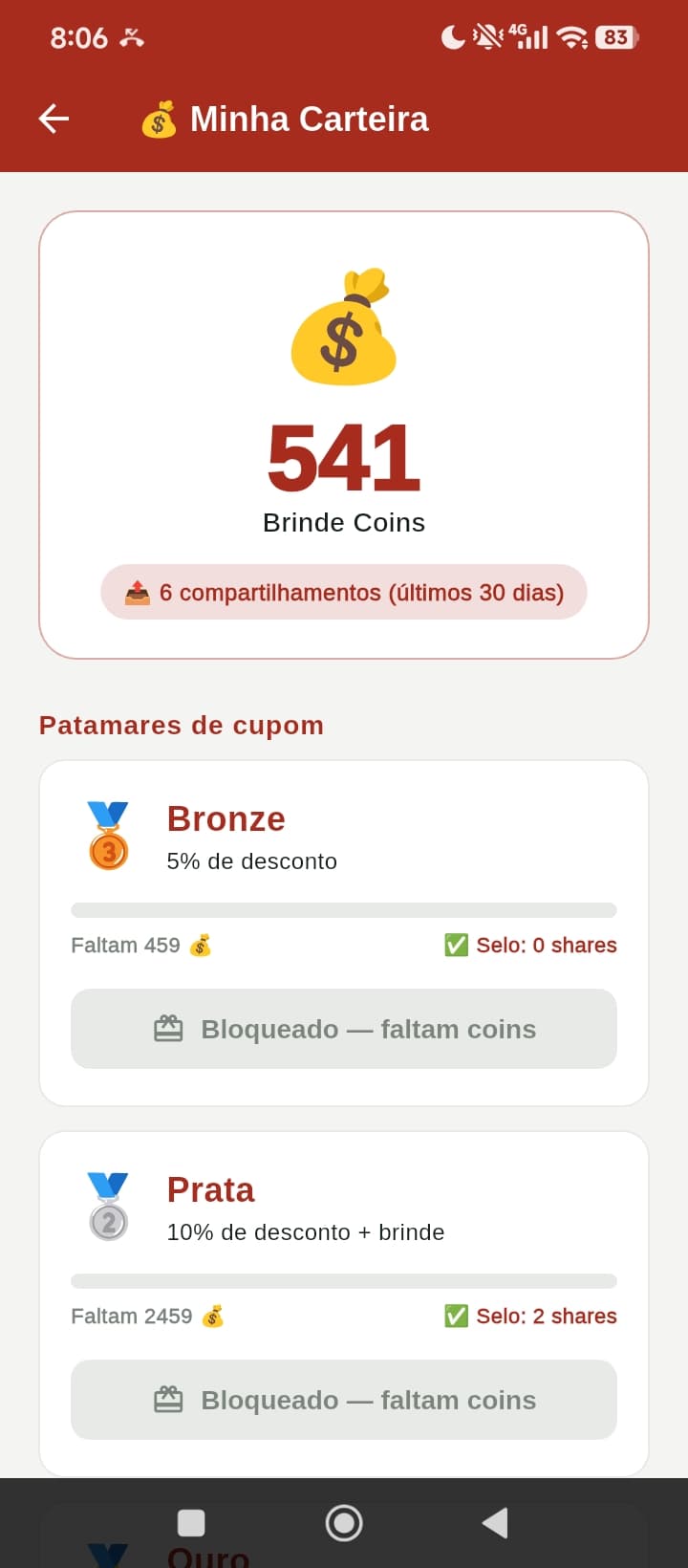 Carteira do app, visual novo claro, mostrando o saldo de moedas e o cupom Bronze disponível pra resgate