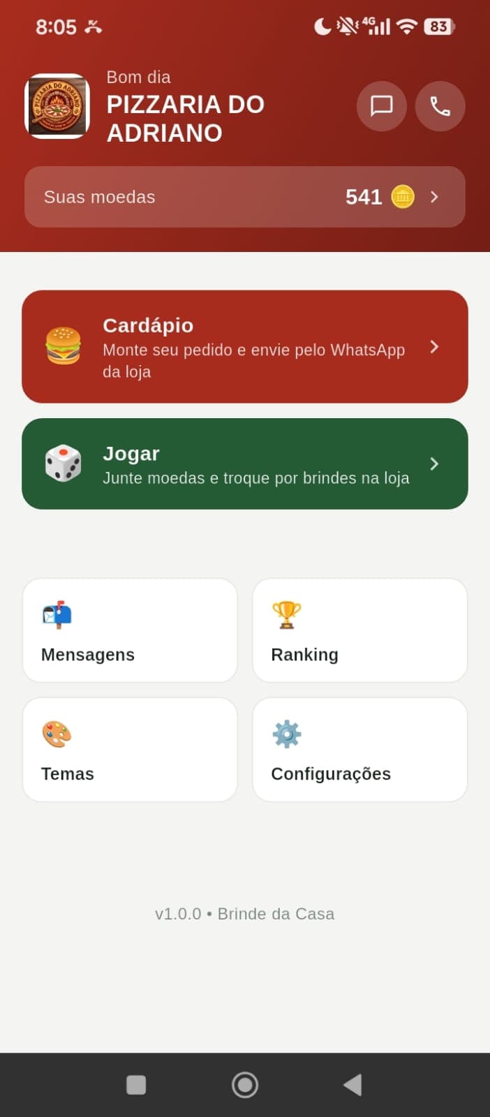 Tela inicial do app com os botões Cardápio e Jogar lado a lado