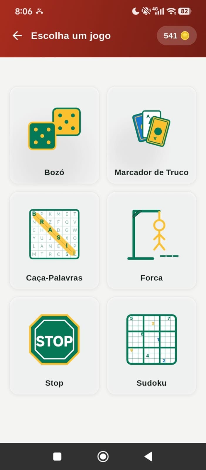 Tela de escolha de jogos do app, visual novo claro com a marca da Pizzaria do Adriano