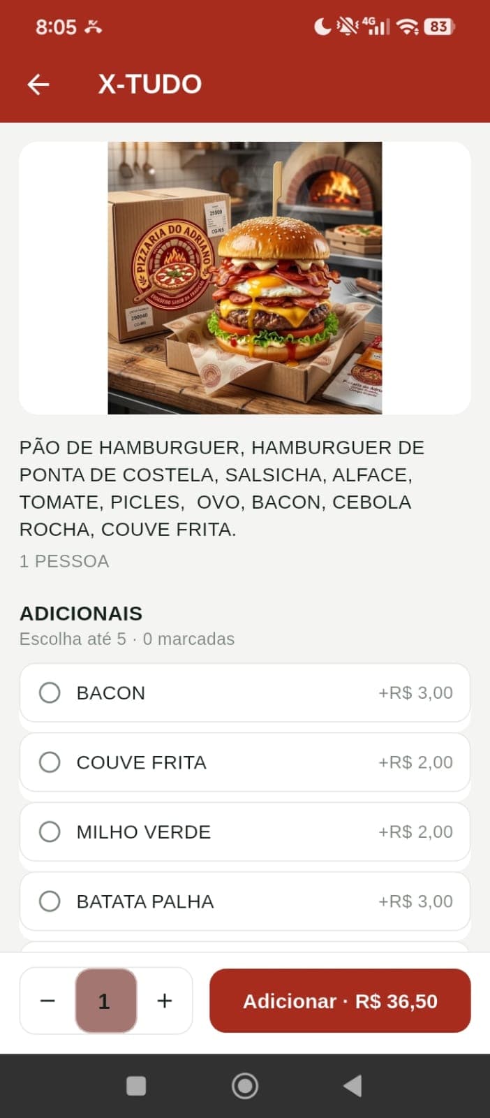 Tela de um item do cardápio com lista de adicionais e botão de adicionar