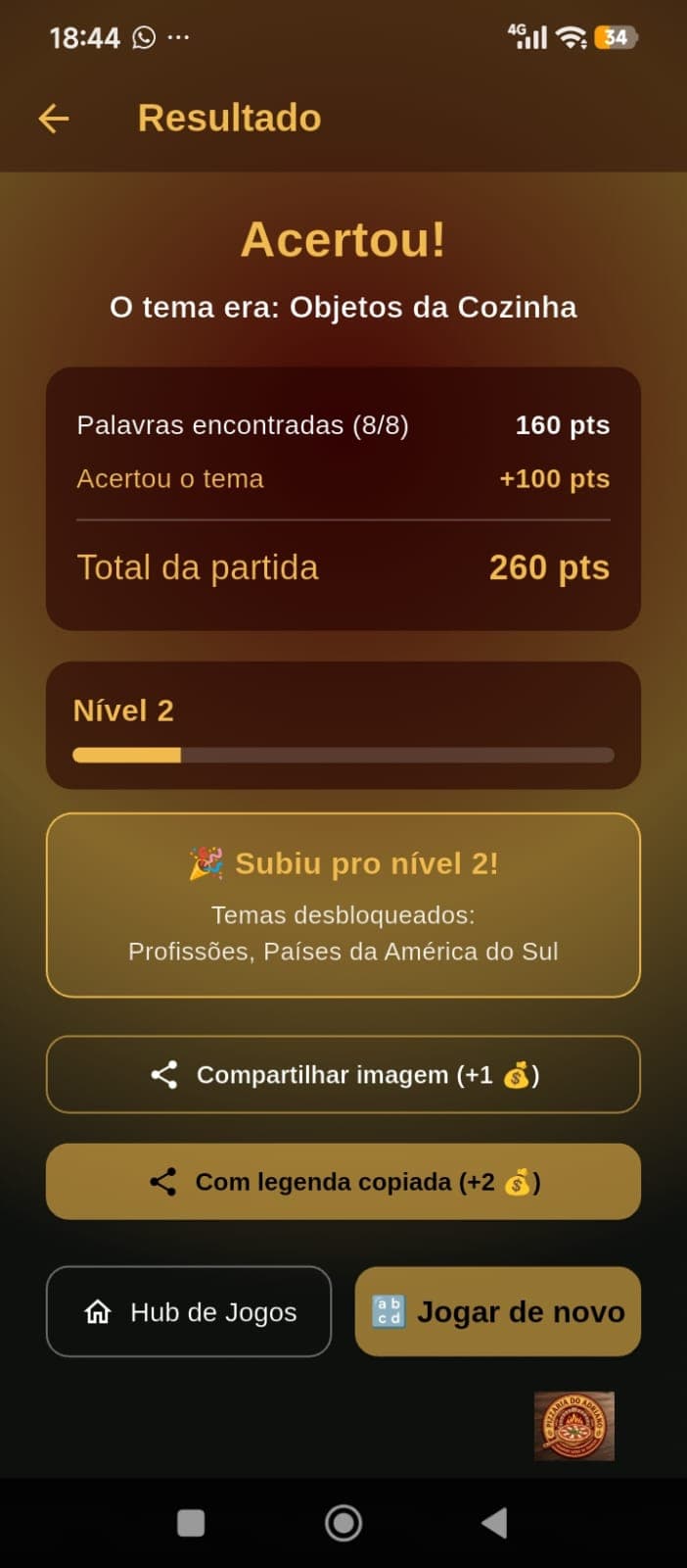 Tela de resultado de uma partida de Caça-Palavras, mostrando pontos ganhos