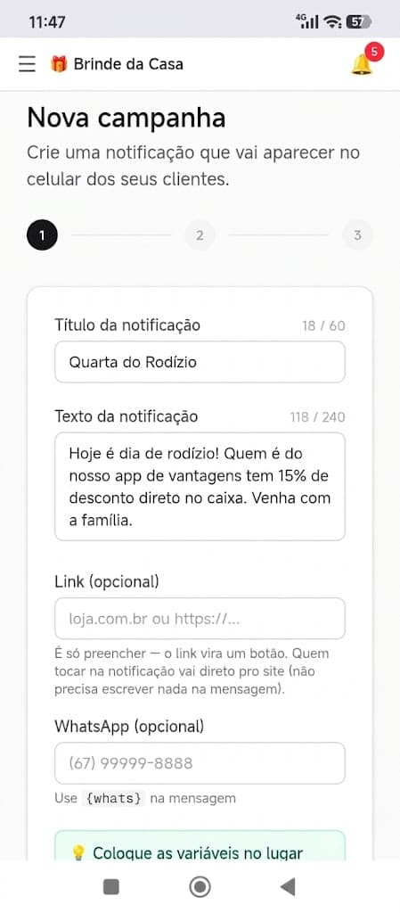 Tela do painel criando uma campanha chamada Quarta do Rodízio