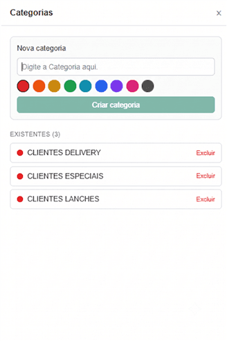 Modal de categorias do painel, com Clientes Delivery, Clientes Especiais e Clientes Lanches